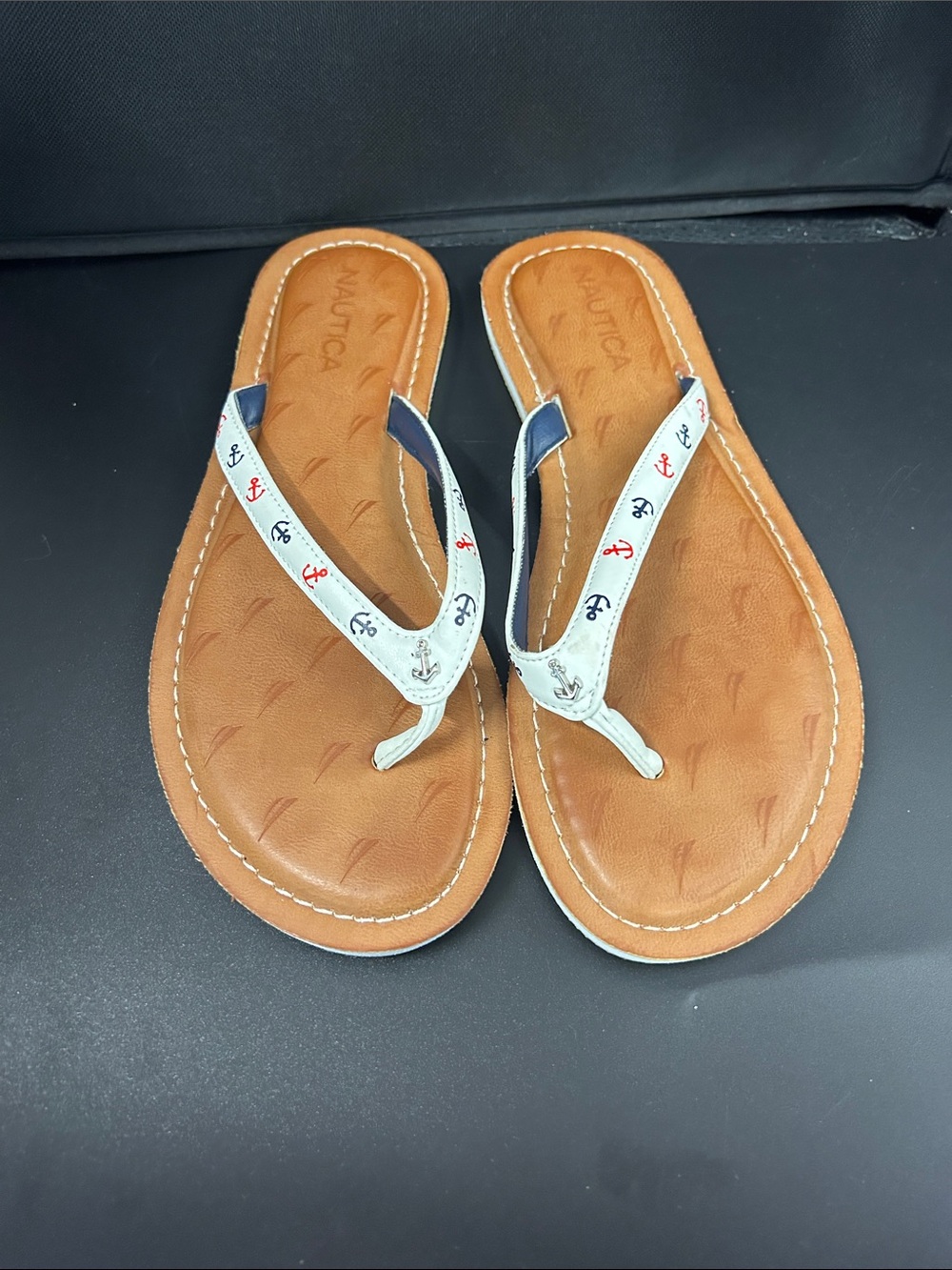 Nautica White Anchor-Print Flip Flops with Tan Footbed